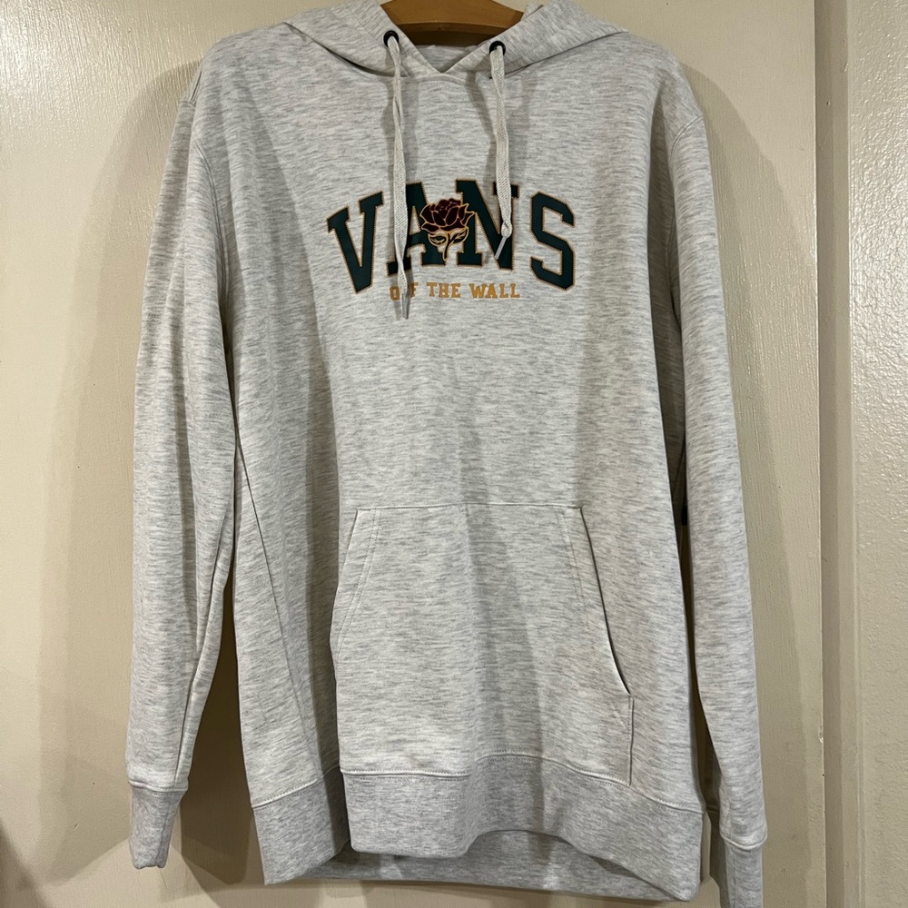 Vans Heather Gray Pullover Hoodie with Embroidered Logo and Rose